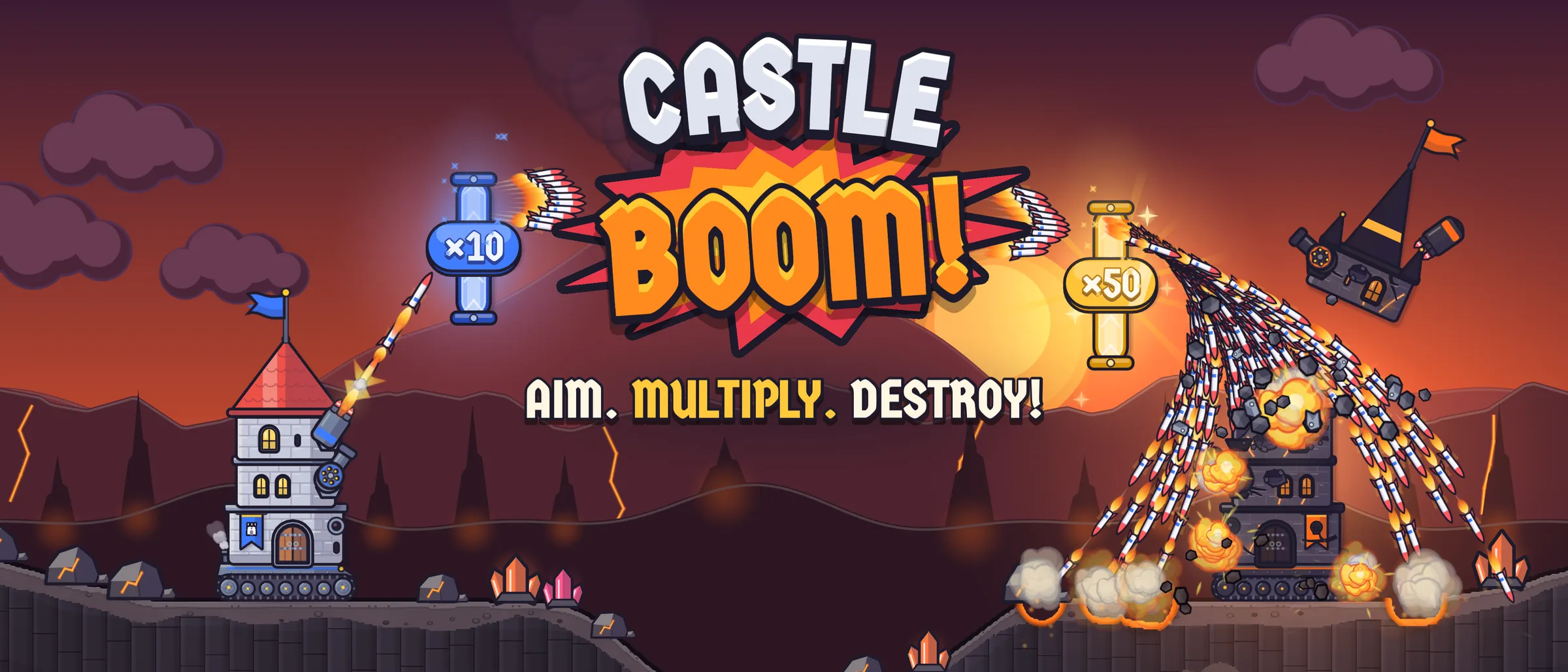 Castle Boom key art: a castle on tank treads fires a rocket salvo through ×10 and ×50 gates at an exploding enemy fortress in the Volcanic Canyon