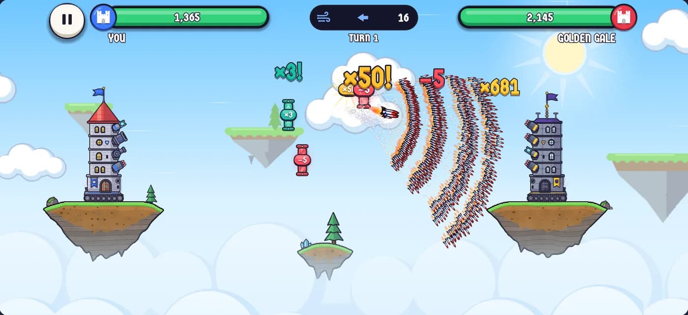 Castle Boom gameplay: a rocket salvo multiplied by a ×50 gate fans out toward the enemy tower