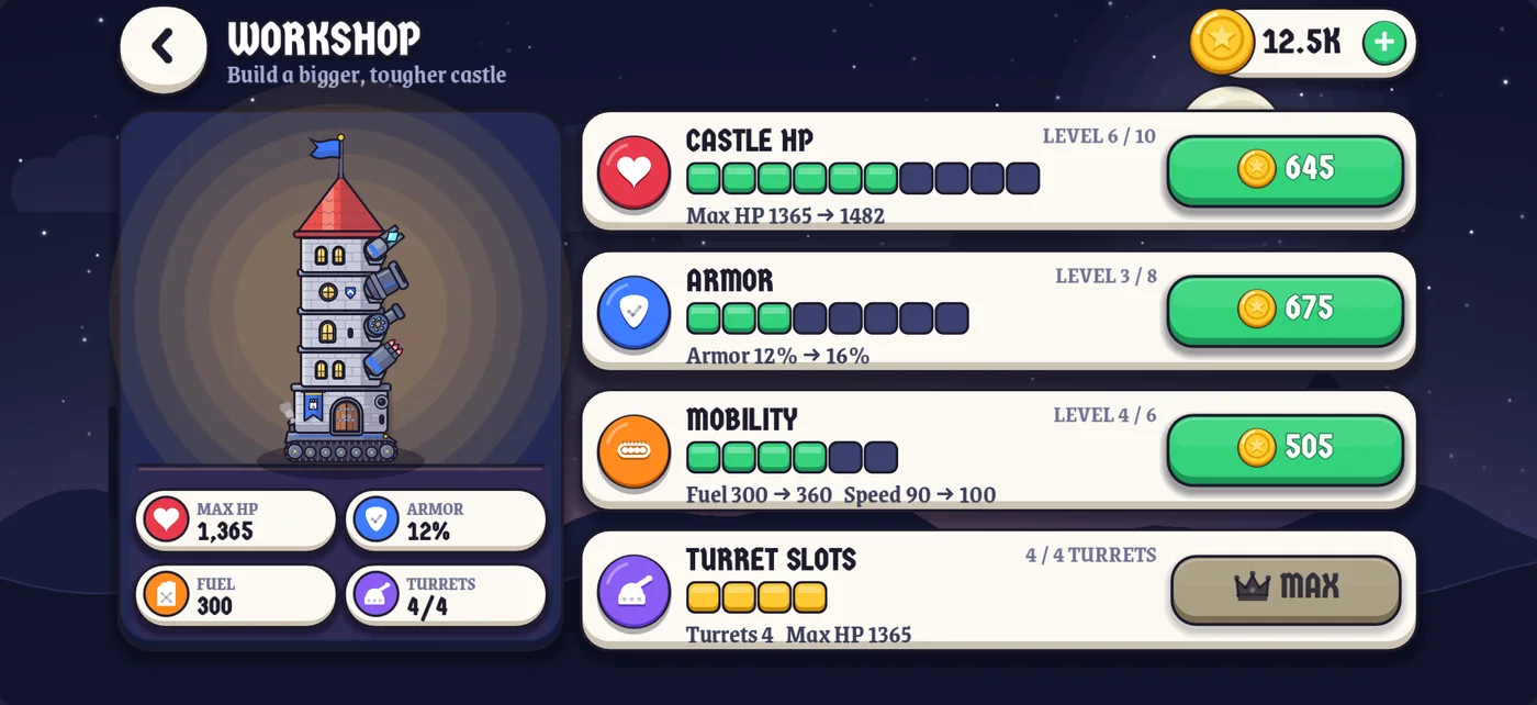 The Workshop screen with castle HP, armor, mobility and turret slot upgrades