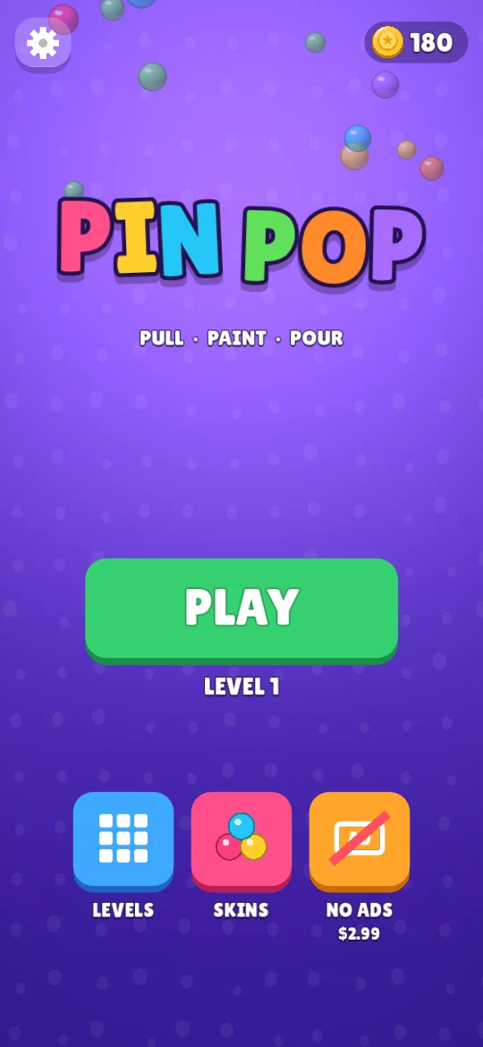 Pin Pop home screen with Play, Levels, Skins and No Ads buttons
