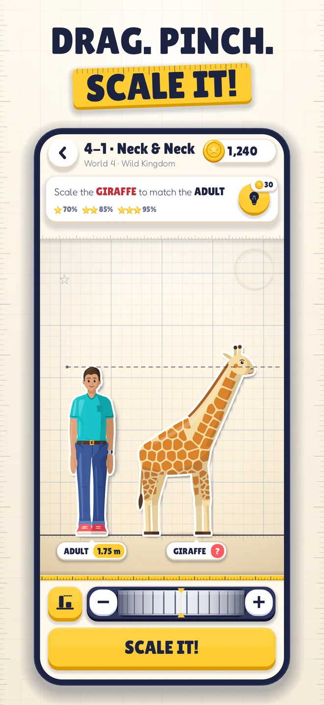 Drag, pinch and scale a giraffe to match an adult