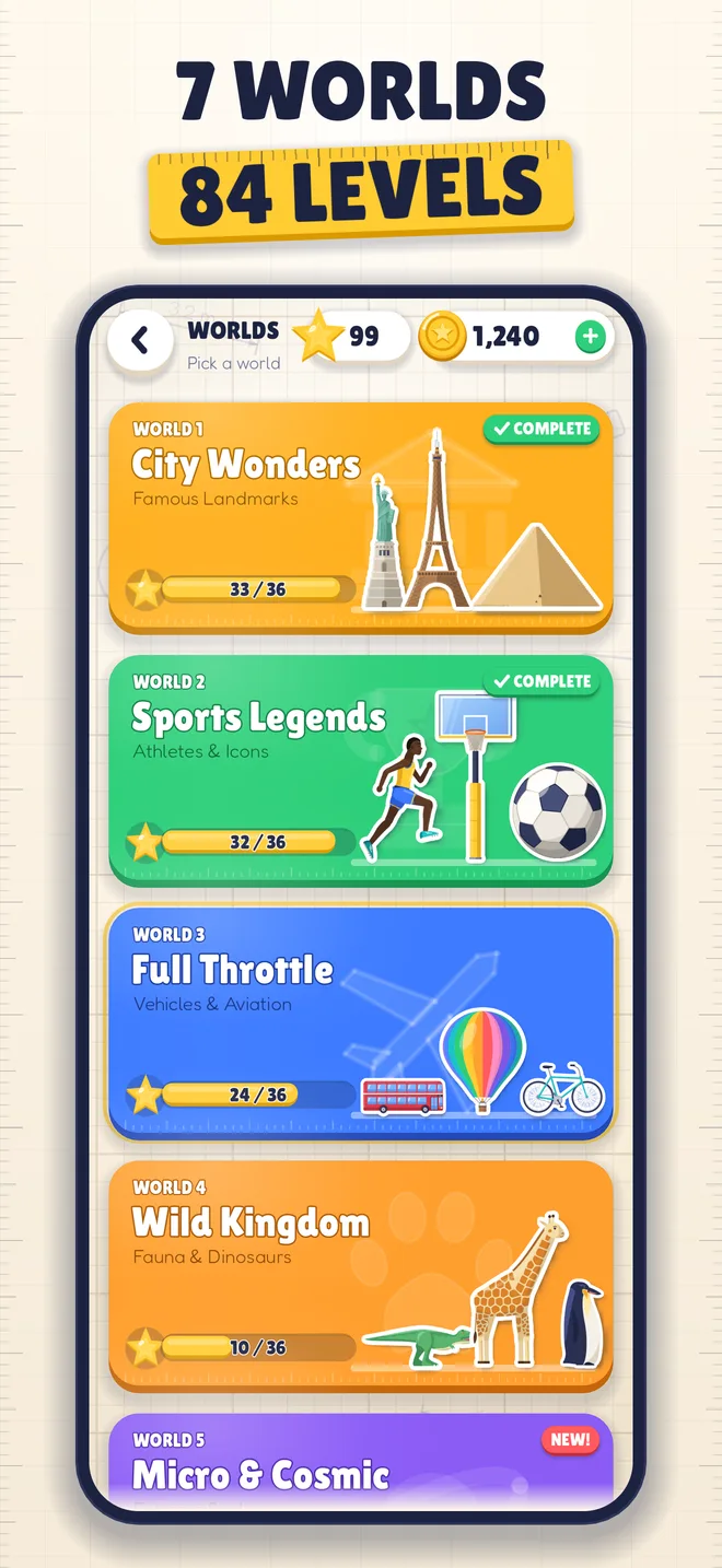 Seven worlds and 84 levels on the world map